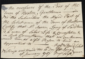 Benony Harris Champlen indentured to apprentice with Aaron [Aron] Long of Shelburne, 18 January 1787