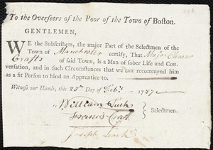 Isaac Corbet indentured to apprentice with Eleazer Crofts [Crafts] of Manchester, 5 April 1787