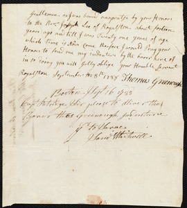 Thomas Greenough indentured to apprentice with Joseph Lee of Royalton, 16 September 1788