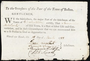 Catharine Drew indentured to apprentice with Samuel Nicholson of Charlestown, 18 March 1788