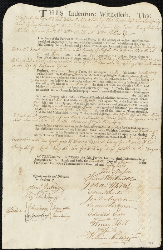 Abigail Hurley indentured to apprentice with Joseph Bent of Milton, 20 March 1788