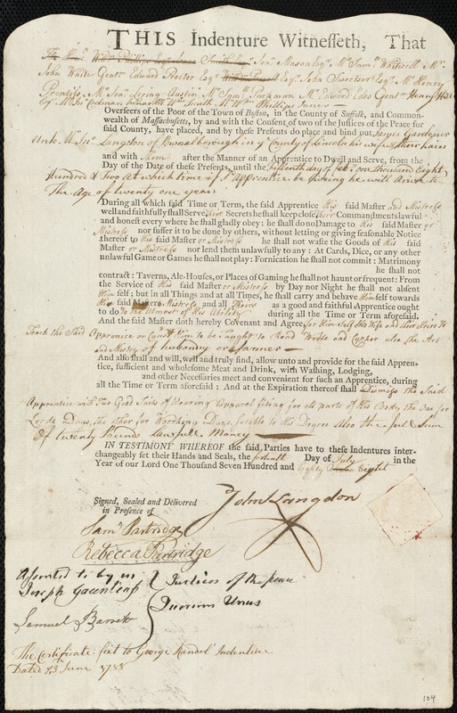 James Gardener indentured to apprentice with John Langdon of Pownalborough, 14 July 1788