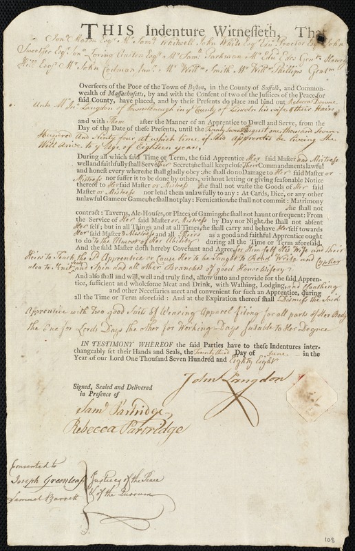 Rebecca Downe indentured to apprentice with John Langdon of Pownalborough, 23 June 1788