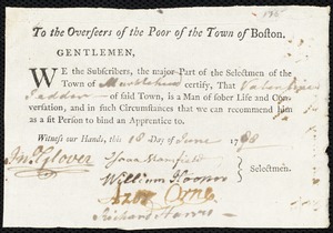 Samuel Gosling indentured to apprentice with Valentine Tedder of Marblehead, 19 June 1788