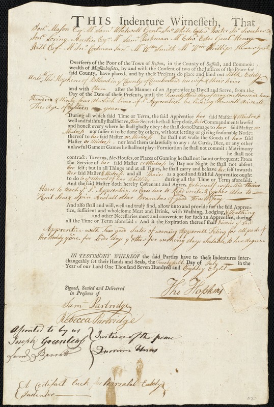 Sibble Eddy indentured to apprentice with Thomas Hopkins of Portland, 24 July 1788