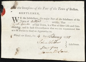 James Taunt indentured to apprentice with Elijah Bacon of Bedford, 6 February 1788