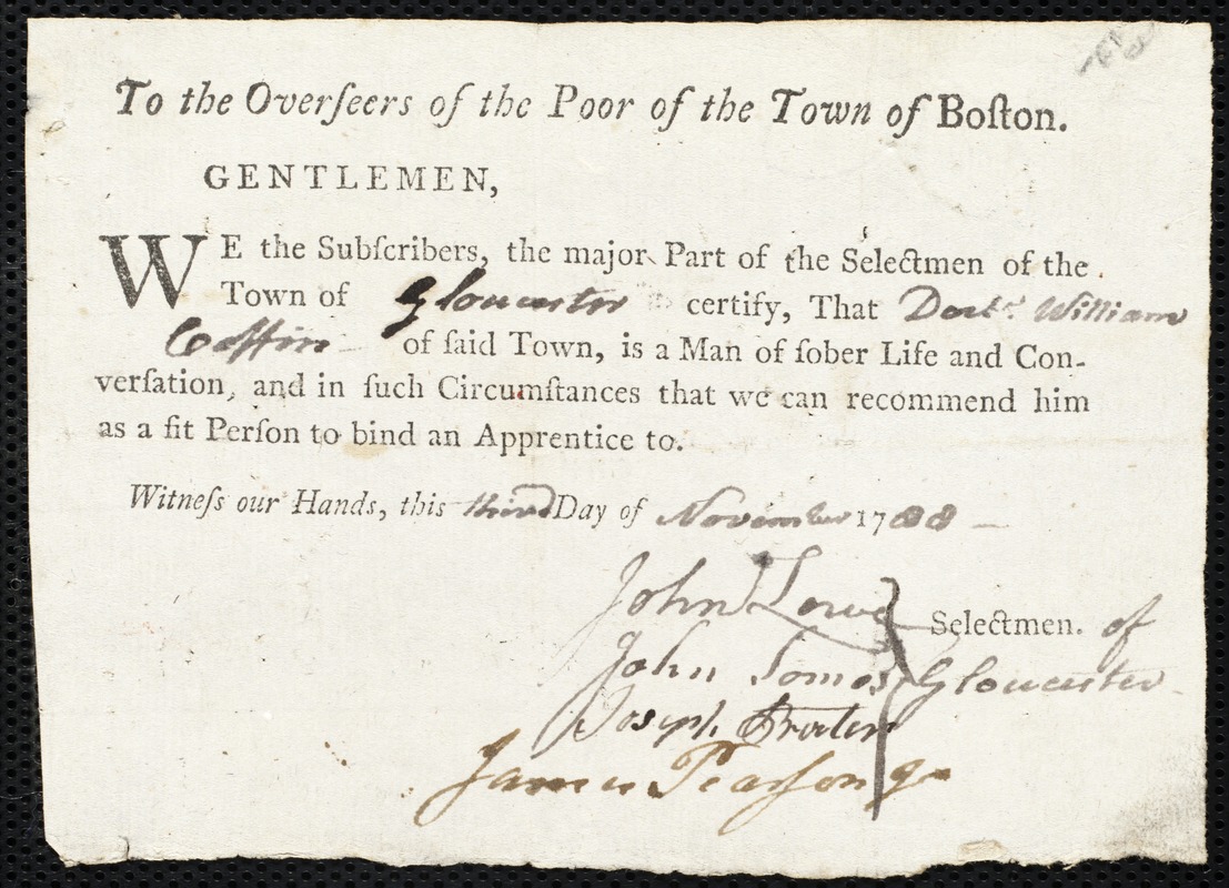 Ann Ethredge indentured to apprentice with William Coffin [Coffen] of Gloucester, 29 October 1788