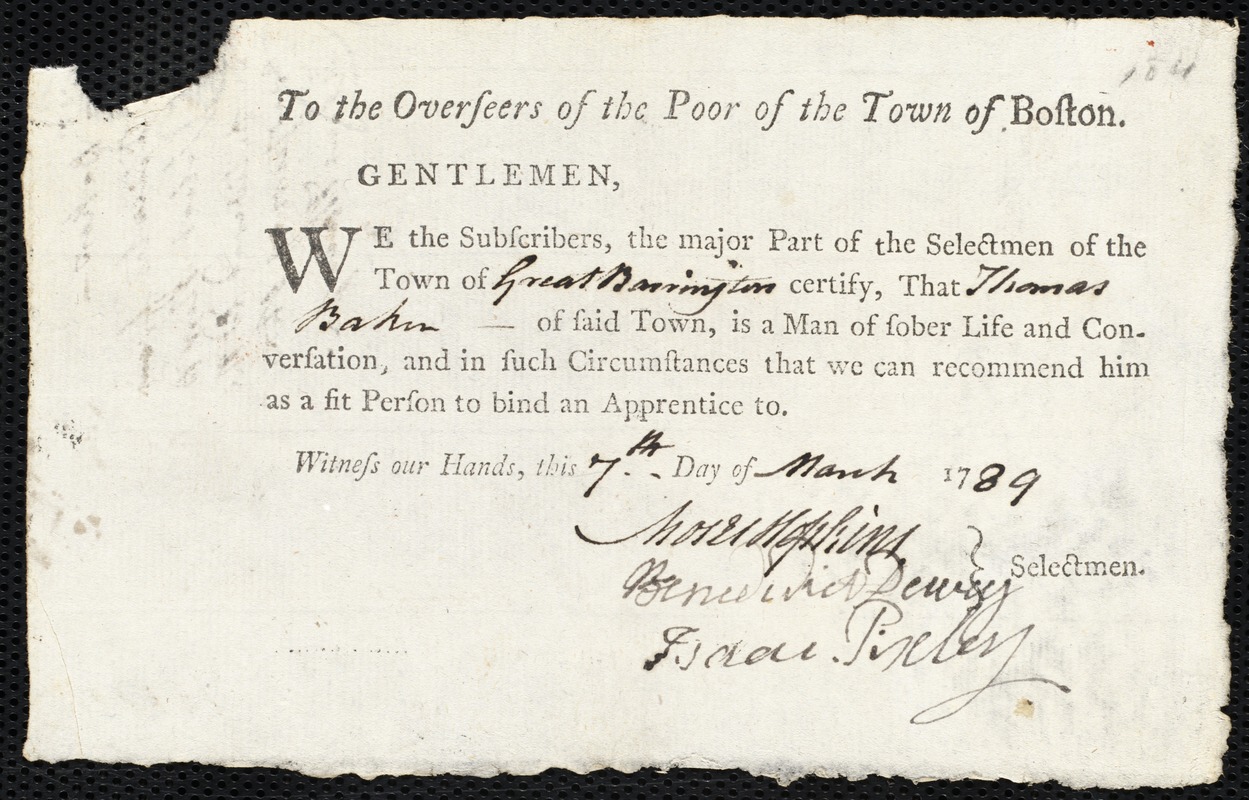 Mary Crane indentured to apprentice with Thomas Baker of Great Barrington, 10 February 1789