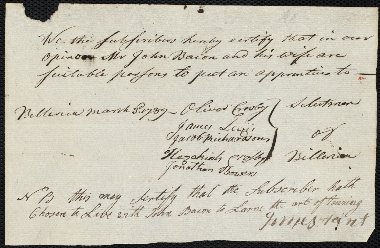 James Taunt indentured to apprentice with John Bacon of Billerica, 1 April 1789