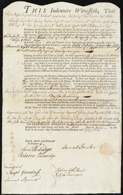 Matthew Wakefeild indentured to apprentice with Samuel Fowler of Westfield, 4 June 1789