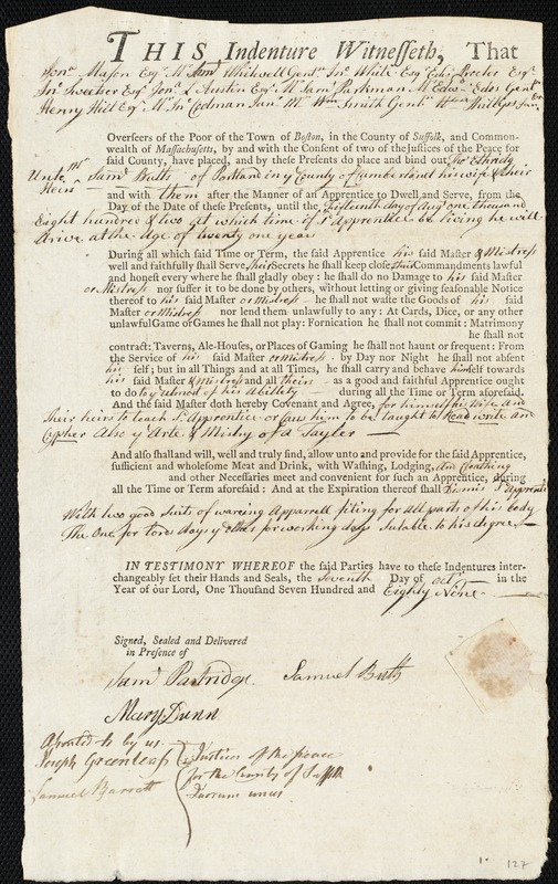 Thomas Ethridg indentured to apprentice with Samuel Butts of Portland, 7 October 1789