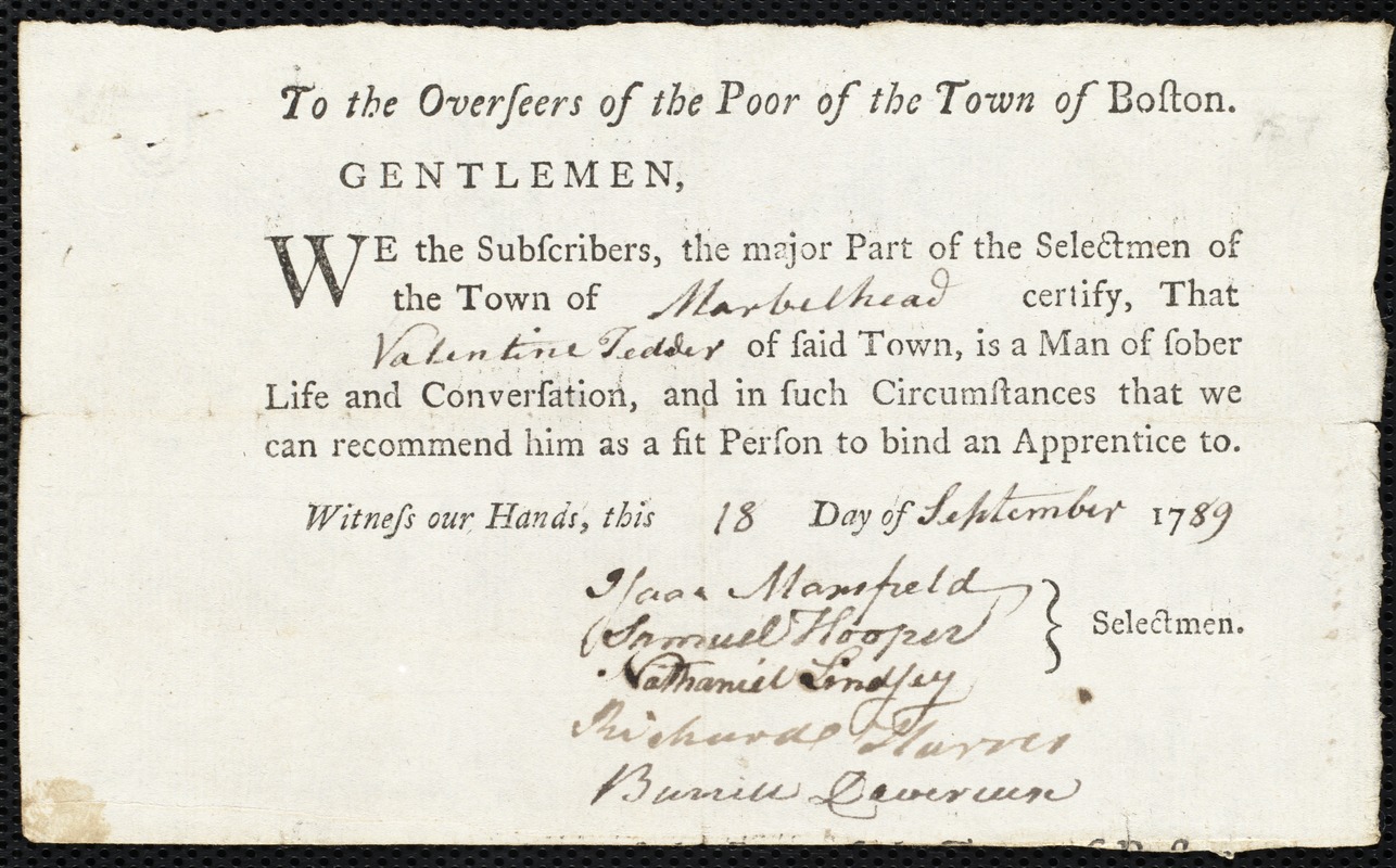 John Burkhart indentured to apprentice with Valentine Tedder of Marblehead, 17 September 1789