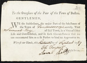 Rhode Negars indentured to apprentice with Samuel Joy of Goldsborough, 16 October 1789