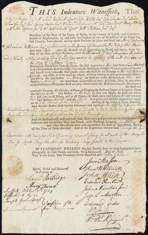 Mary Godard indentured to apprentice with Abraham Williams of Sandwich, 16 July 1789