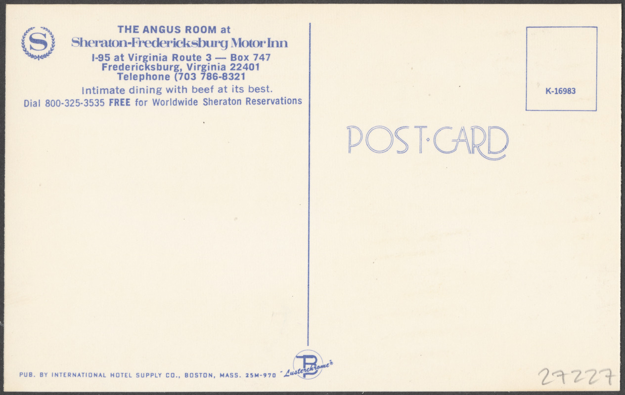 The Angus Room at Sheraton Fredericksburg Motor Inn, I-95 at Virginia Route 3 - Box 747, Fredericksburg, Virginia 22401