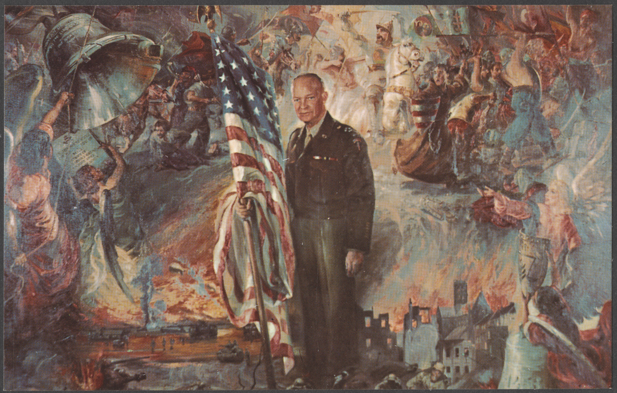 A painting of General Dwight D. Eisenhower, with a background portraying the struggle for liberty of the freedom loving Hungarian and American people