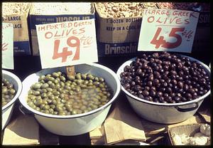 Olives in bowls for sale at market
