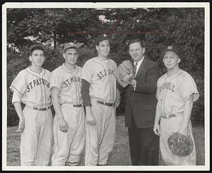 Talking Over Strategy are Coach Jack McCarthy (second from right) of the Catholic All-Stars and four of his batterymen. Left to right they are Pitcher John Fitzgerald of St. Patrick's of Watertown, Catcher Lou Boyer of St. Mary's of Waltham, Pitcher John Kirby of St. John's Prep, McCarthy, and Catcher Joe Mahoney of Malden Catholic.