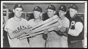Three Runs Was the Margin as Pittsburgh beat Milwaukee last night, 9-6, and Gene Freese, Pirate second baseman, drove in four runs with his grand-slam homer in the eight inning. He's shown with winning pitcher Max Surkont and the mates he drove in. Left to right, Gene Freese, catcher Toby Atwell, third baseman George Freese (Gene's brother), outfielder Jerry Lynch, and Surkont.