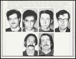 Cook County Jail Supt. Winston Moore ordered haircuts 2/23 for six of the Chicago Seven now serving sentences for contempt of court. After the haircuts, in Cook County Jail mug shots, are, (L-R top) Jerry Rubin, Abbie Hoffman, Thomas Hayden & Rennie Davis. (Bottom L-R) Lee Weiner and John Froines. David Dellinger, 54, is balding and was therefore exempt.