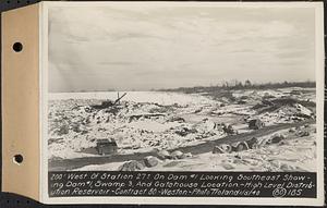 Contract No. 80, High Level Distribution Reservoir, Weston, 200 feet west of Sta. 27+/- on dam 1 looking southeast showing dam 1, swamp 3, and gatehouse location, high level distribution reservoir, Weston, Mass., Jan. 5, 1940