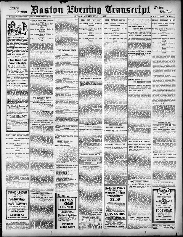 Boston Evening Transcript. January 31, 1913 - Digital Commonwealth