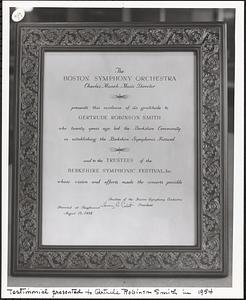 Testimonial presented to Gertrude Robinson Smith in 1954