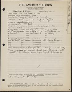 American Legion military record of Gardiner H. Fiske