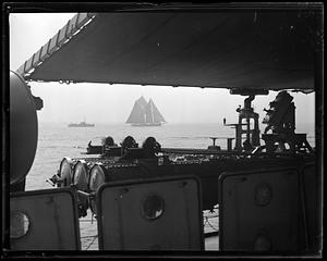A view of a sailing ship from an unidentified vantage point
