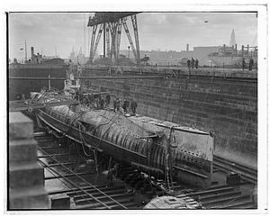 Ill-fated sub S-4 in dry dock at Navy Yard