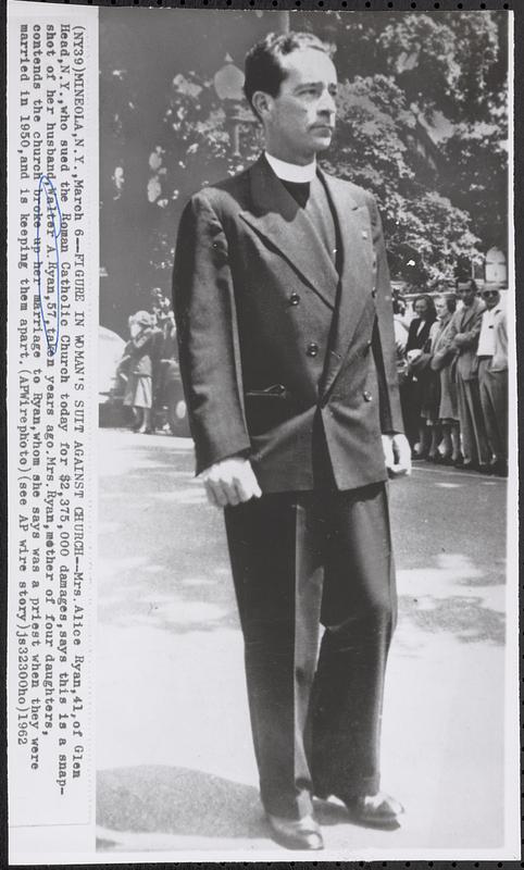 Figure in woman's suit against church
