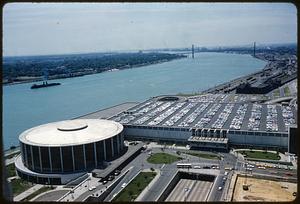 View of Cobo Hall and Detroit River, Detroit, Michigan