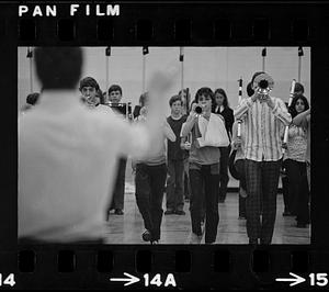 Drum-and-bugle practice in high school gym, Lynnfield