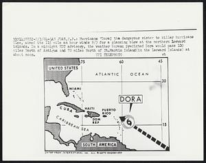 Hurricane "Dora," the dangerous sister to killer hurricane Cleo, aimed its 115 mile an hour winds 9/3 for a glancing blow at the northern Leeward islands. In a midnight EDT advisory, the weather bureau predicted Dora would pass 100 miles North of Antigua and 70 miles North of St. Martin Island (in the Leeward Islands) at about noon.