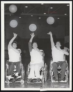 Members of N.E. Clippers Practice @ Northeastern Gym for Sunday Nite Game With Boston Collegiate Stars From N.V. & B.C.. L.R.. Greg Seymourian - Lexington. Dick Foley - Needham. Howie Tesnow - W. Roxbury. They Will Play for Benefit of Handicap International