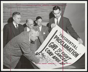 "Presidents" Join Fight on cancer, signing proclamation of Cancer Crusade Day April 29. From left: John Quincy Adams, Needham (signing); Warren G. Harding, South Braintree; George Washington, Wost Roxbury; Andrew Jackson, Woburn; James Monroe, Quincy. House-to-house fund drive will be held to fight disease.