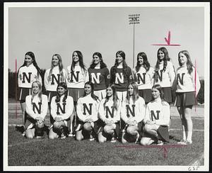 Nashua High Cheerleaders – Kneeling (from left), Pat McCollon, Pam Brickley, Paula Rogers, Gay Ouellette, Linda Ethier, Sally Mayer. Standing, Kathy Pare, Bambi Langendoen, Dian Mills, co-capts. Joan Beaulieu and Joanne Hall, Sandy Smeltzer, Karen Lund, Debi Parr.