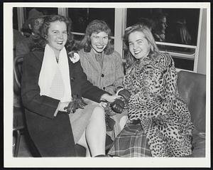 Among first to ride on Reservoir - Beacon line after strike. L to R: Ann Chadwick - W. Bridgewater. Sally Maxcy - Baltimore. Nancy Kilfield - Hartford, Conn. (all students at Simmons)
