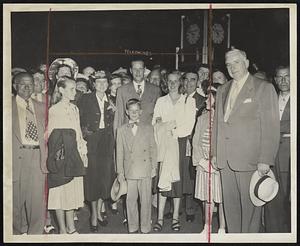 Off for Washington last night to be sworn in today as secretary of labor, former Gov.: Maurice J. Tobin and his family were given a sendoff at the South Station. The Tobin family, left to right: Carol, 13, Mrs. Tobin, Maurice, Jr., 10, in front of Maurice, Sr., and Helen, 14.