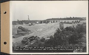 Contract No. 85, Manufacture and Delivery of Precast Concrete Steel Cylinder Pipe, Southborough, Framingham, Wayland, Natick, Weston, yard for storage of 7 in. pipe, looking southeasterly, Natick, Mass., Aug. 8, 1939