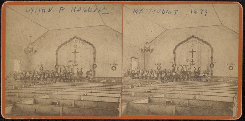 Methodist Church interior, with officers and teachers of Sunday school