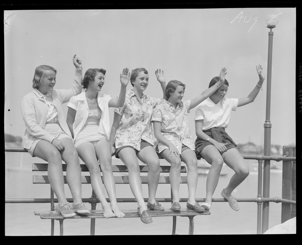 Race week picture Marblehead, MA (5 women waving) - Digital Commonwealth