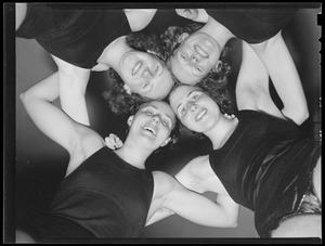 Radcliffe Mermaids: Elaine Fraser, Martha Field, Sue Holis and Peggy Tavey after beating Pembroke and Wheaton in 80 Yard relay