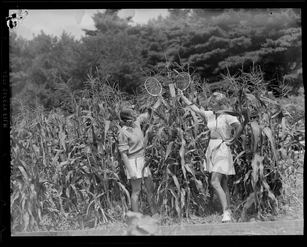Two girls next to corn field, Essex Tennis