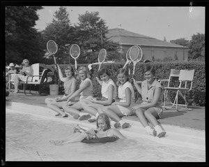 Women players clown around at the pool at Longwood, doubles championship
