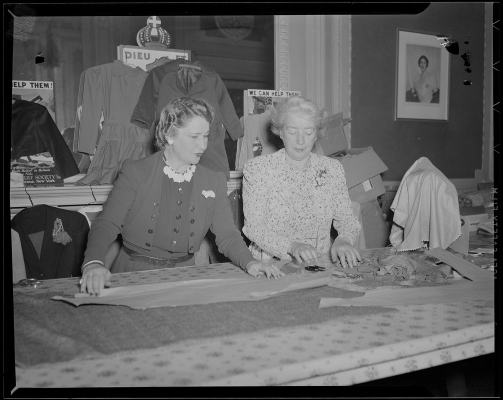 Women cutting cloth for relief for Britain