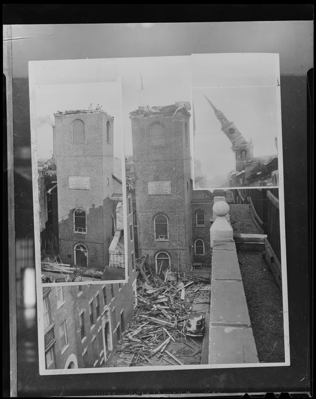 Montage of Old North Church spire toppled by Hurricane Carol