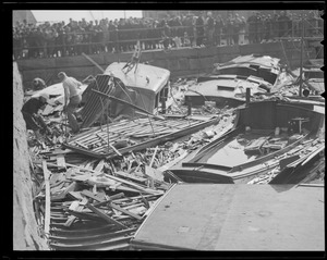 Boats beaten apart against sea wall, Hurricane of 38