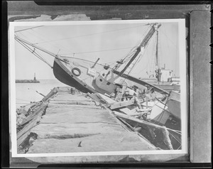 Boat on breakwater in Block Island, Hurricane of 38
