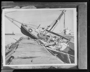 Boat on breakwater in Block Island, Hurricane of 38
